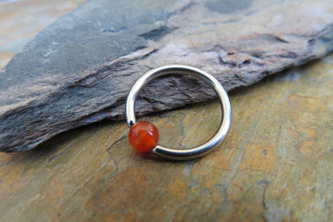 Natural Carnelian Stone Bead Steel CBR Ring Hoop 16G (1.2mm) 14G (1.6mm) Nose Cartilage Septum Lip Piercing 316L Surgical Hypoallergenic