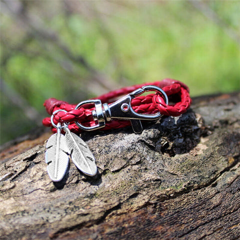 Red Feathers Braided Wrap Bracelet