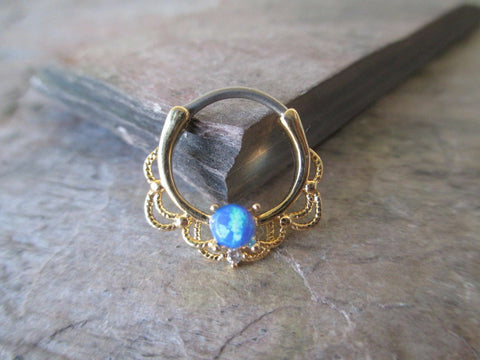 Opal Goddess Gold Tone 16G Septum Ring (Blue)